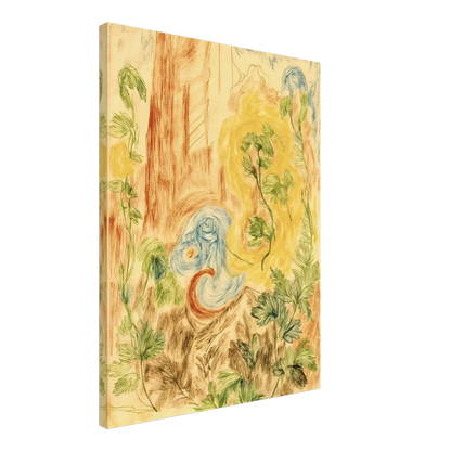 Delicate botanical sketches and flowing abstract forms intertwine in soft greens, golds, and blues across a dreamlike woodland-inspired composition.