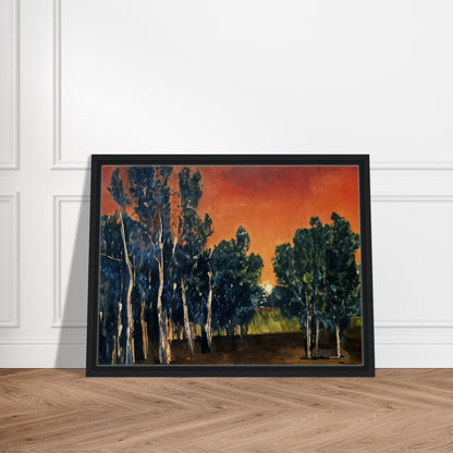 Painting of tall trees silhouetted against a vivid crimson and orange sunset, with deep green foliage and earthy tones.