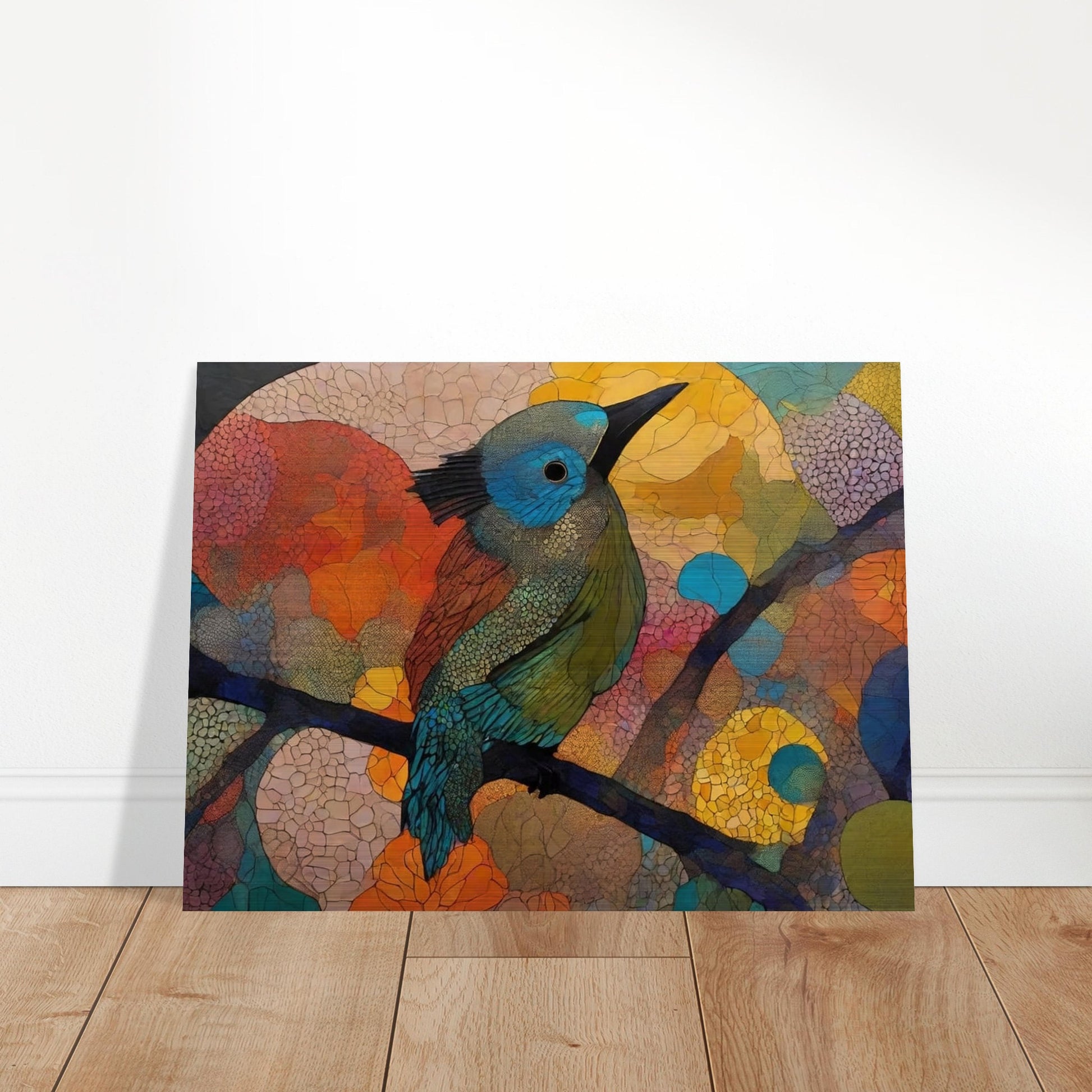 "A stunning painting of a bird perched on a branch, filled with vibrant hues of blue, green, and orange, surrounded by abstract, colorful patterns in the background."