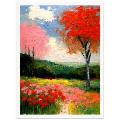 A lush landscape filled with vibrant red, pink, and yellow blossoms beneath a bright sky, featuring a striking autumnal tree with fiery foliage.