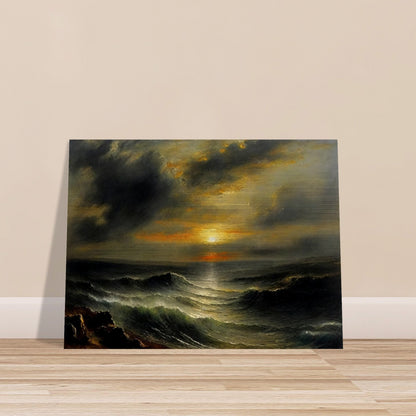 A dramatic seascape painting capturing the power and beauty of the ocean at sunset. The scene features turbulent waves under a cloudy sky, with the sun breaking through the horizon, casting an orange and yellow glow over the water.