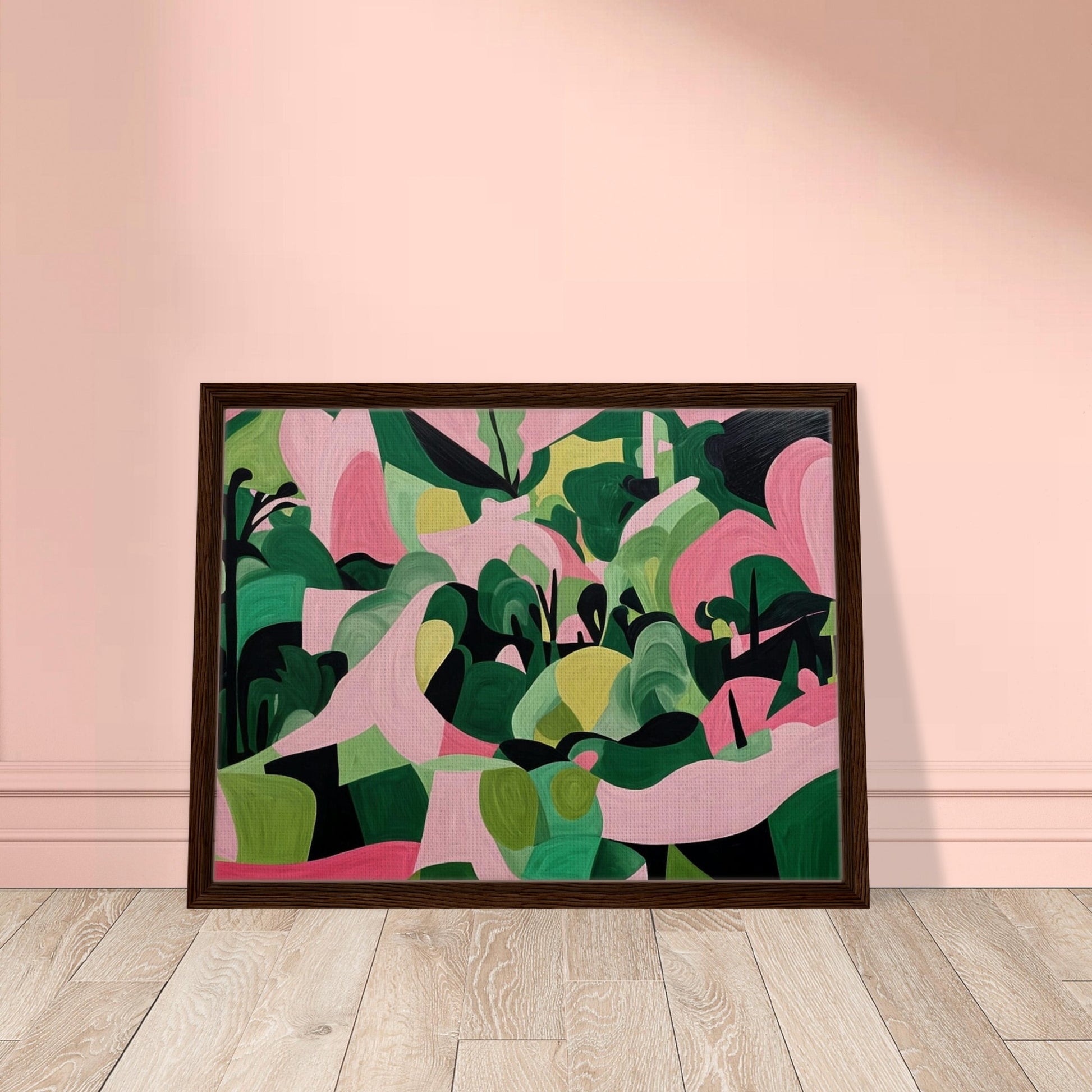 "An abstract painting filled with organic green and pink shapes, resembling a vibrant landscape of rolling hills and trees in a surreal, geometric style."