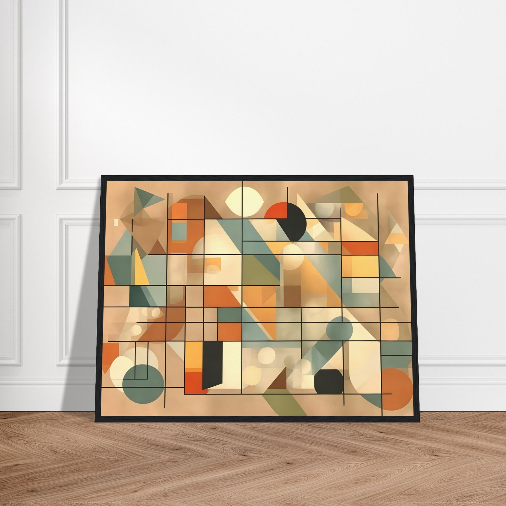 An abstract artwork with a geometric design, featuring intersecting lines, circles, triangles, and rectangles in soft shades of beige, orange, teal, and cream.