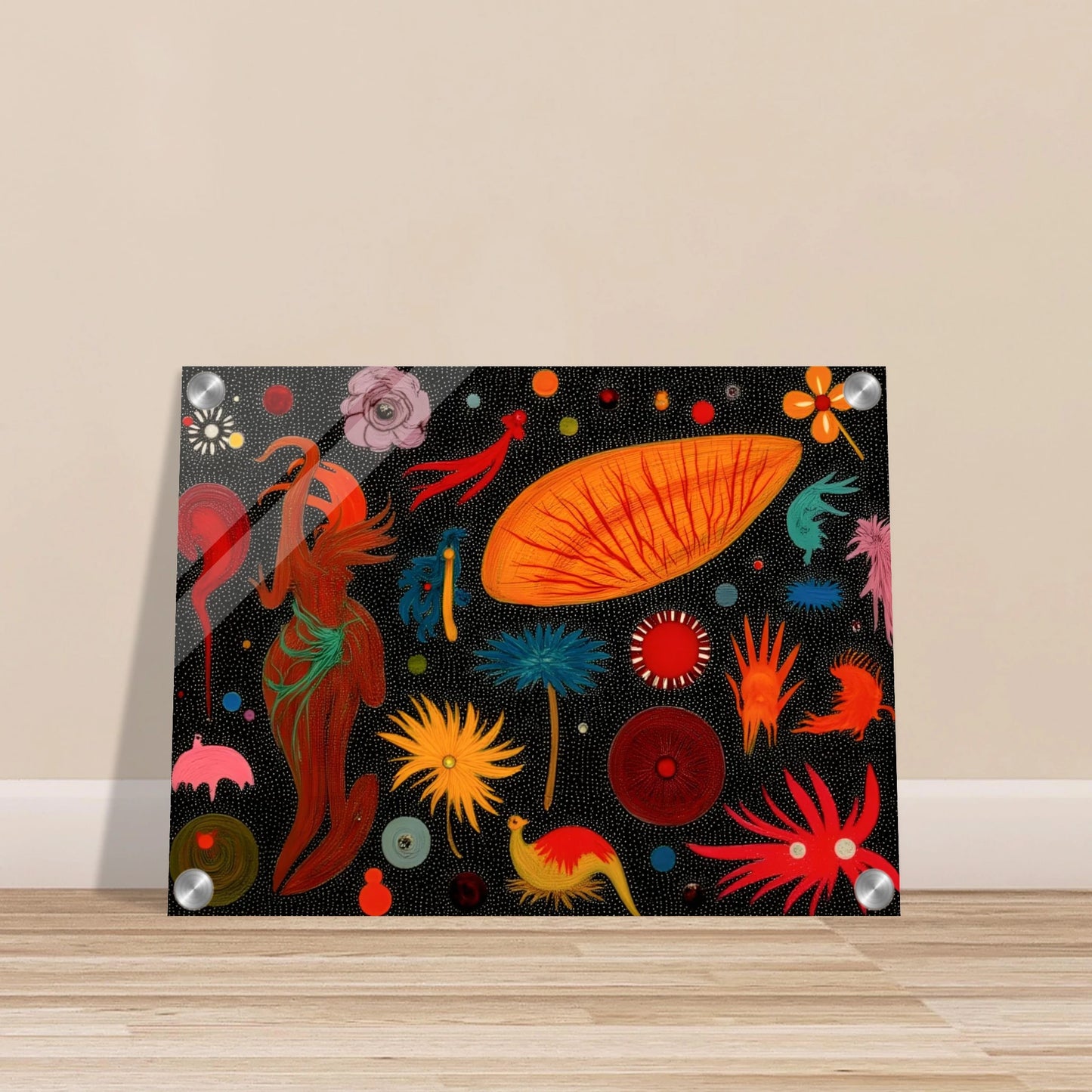 A vivid constellation of surreal floral and animal-like forms scattered over a black dotted background in bright, playful colors.