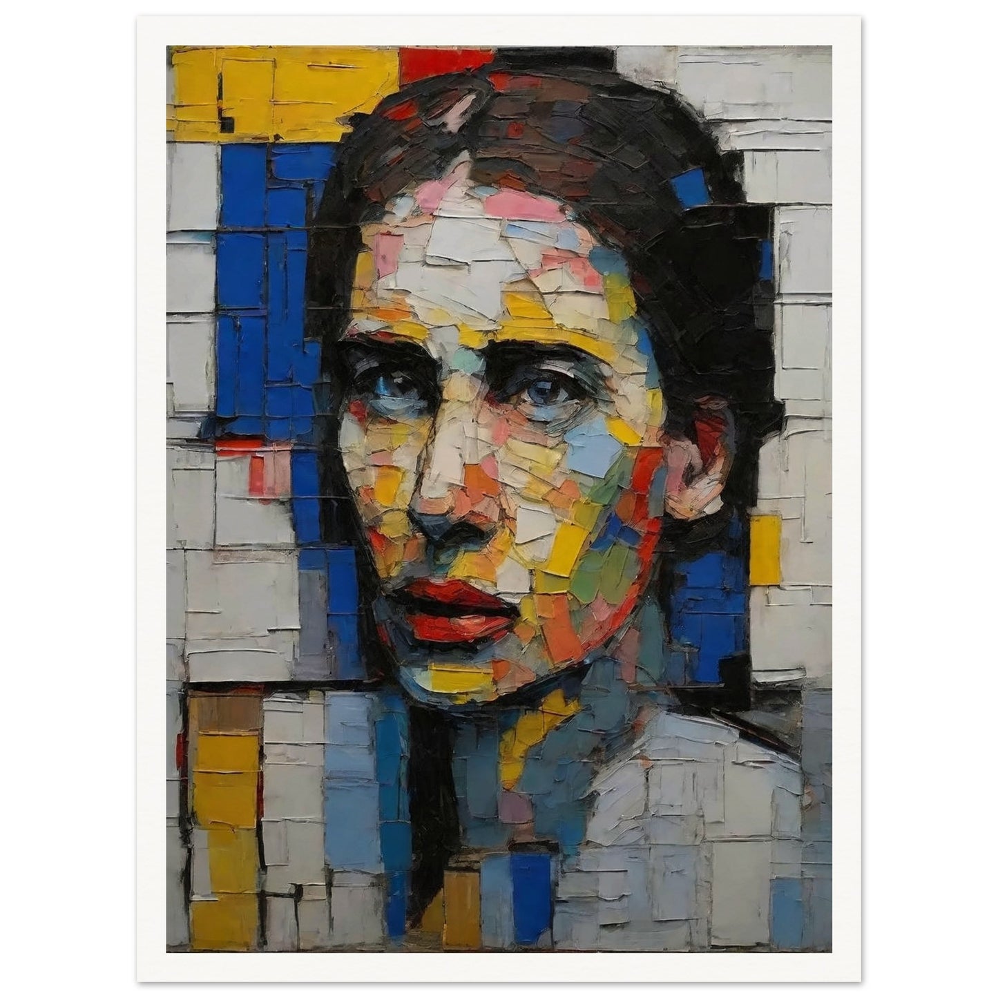 A striking mosaic-style portrait of a woman with vibrant, multi-colored geometric shapes creating a fragmented yet cohesive image.