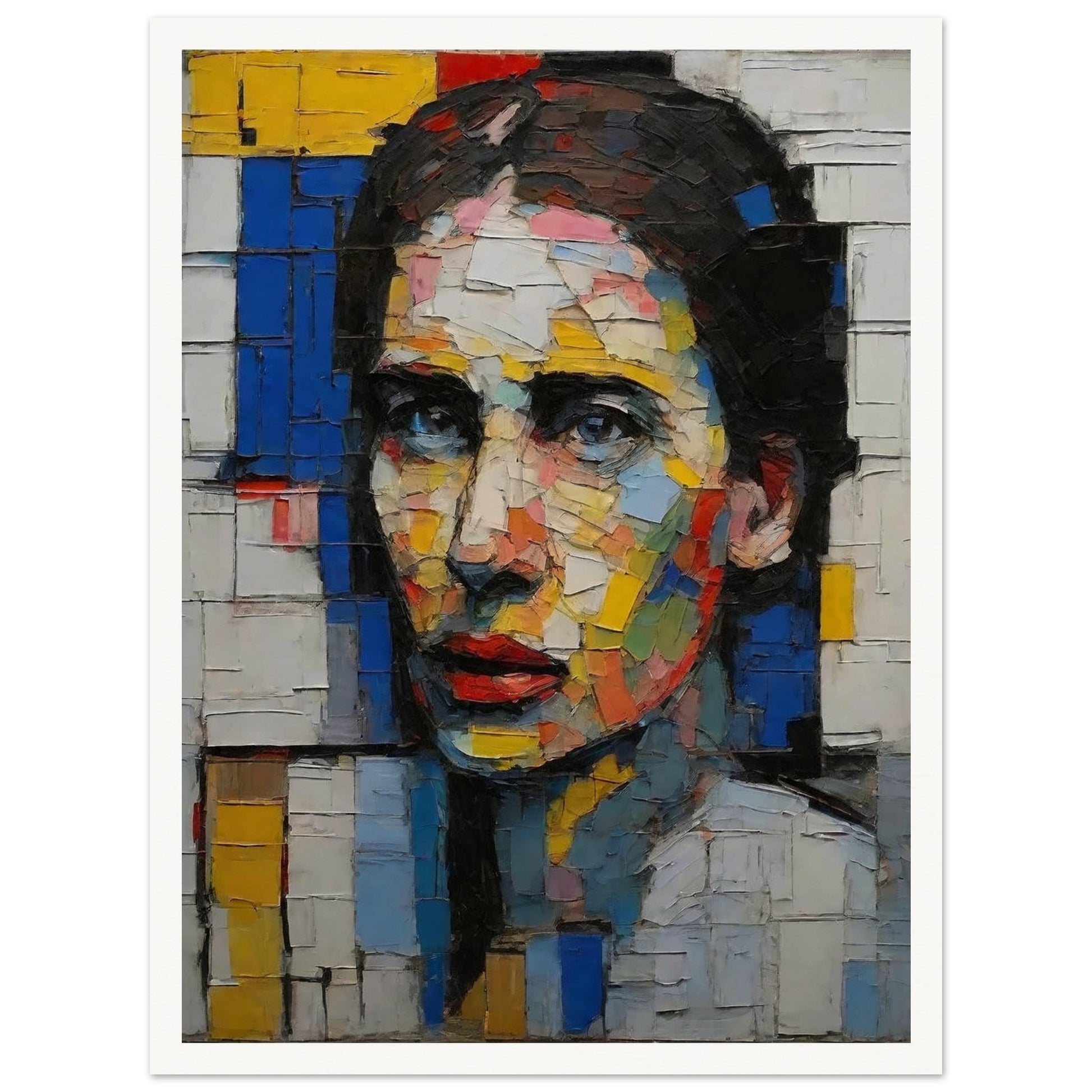 A striking mosaic-style portrait of a woman with vibrant, multi-colored geometric shapes creating a fragmented yet cohesive image.