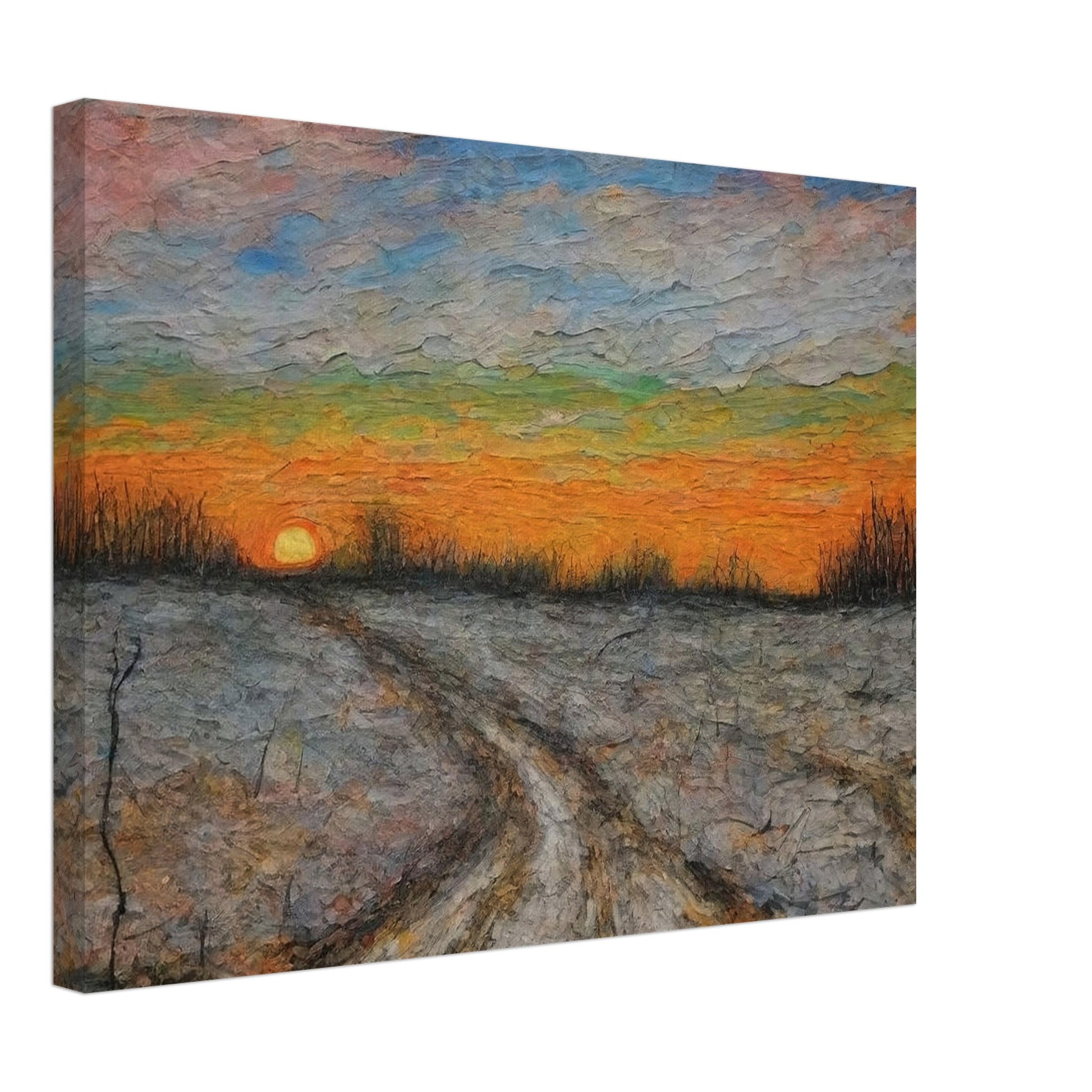 A painting of a winding dirt road at sunset, with vibrant colors filling the sky and bare trees lining the landscape.