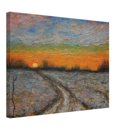 A painting of a winding dirt road at sunset, with vibrant colors filling the sky and bare trees lining the landscape.