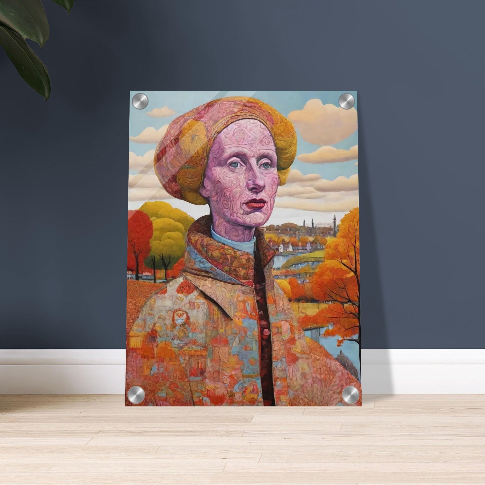 "A striking portrait of a woman with intricate patterns on her face, set against an autumnal landscape with vibrant orange and yellow trees."