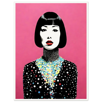 Striking portrait of a woman with a short black bob hairstyle, vivid red lips, and a polka-dotted dress against a vibrant pink background.