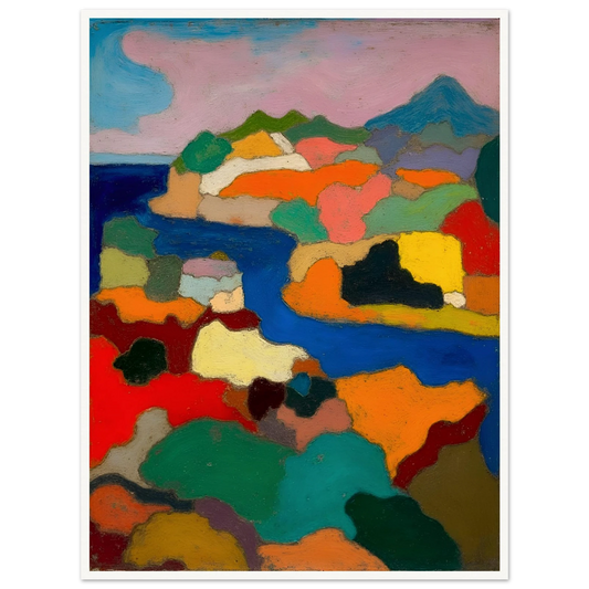 Vivid coastal hills and blue water unfold beneath a pink sky and distant mountain.