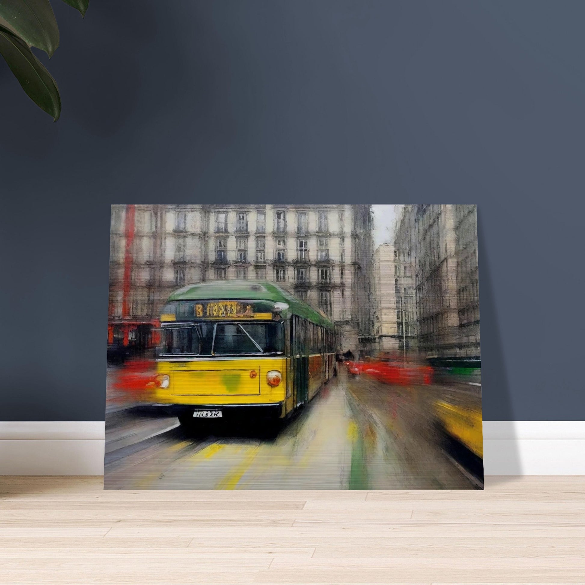 "A dynamic painting of a yellow and green tram speeding through a busy city street, with blurred surroundings capturing the movement of urban life."