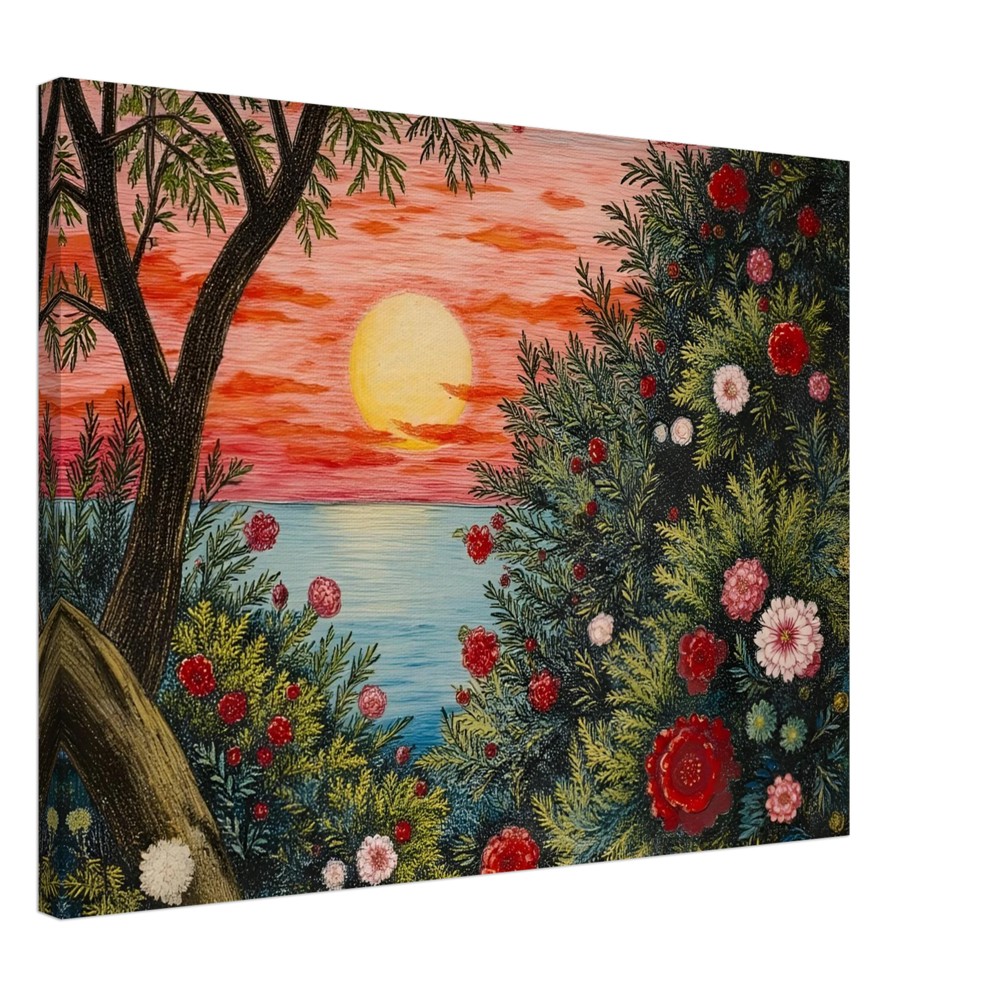 A vivid sunset over the ocean framed by lush bushes filled with red, pink, and white flowers.