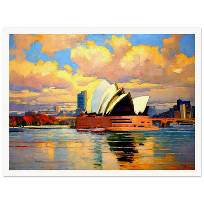 "A vibrant painting of the Sydney Opera House at sunset, with colorful clouds reflecting on the water, capturing the iconic structure and the city's skyline."