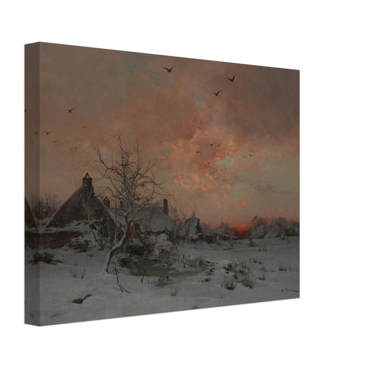 A snowy village at sunset with bare trees, birds in flight, and a pink-orange winter sky.