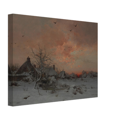 A snowy village at sunset with bare trees, birds in flight, and a pink-orange winter sky.