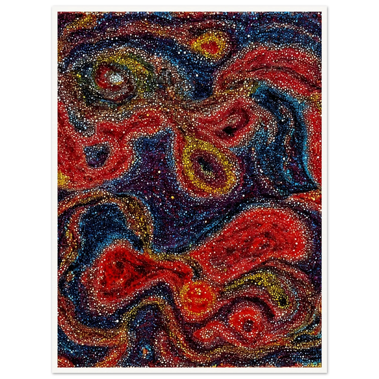 Swirling red, blue, and gold forms shimmer through dotted textures, evoking a radiant cosmic dance of color and energy.