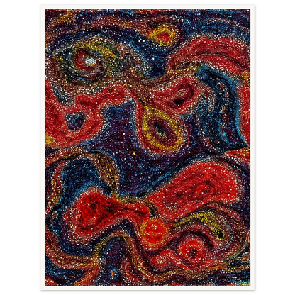 Swirling red, blue, and gold forms shimmer through dotted textures, evoking a radiant cosmic dance of color and energy.