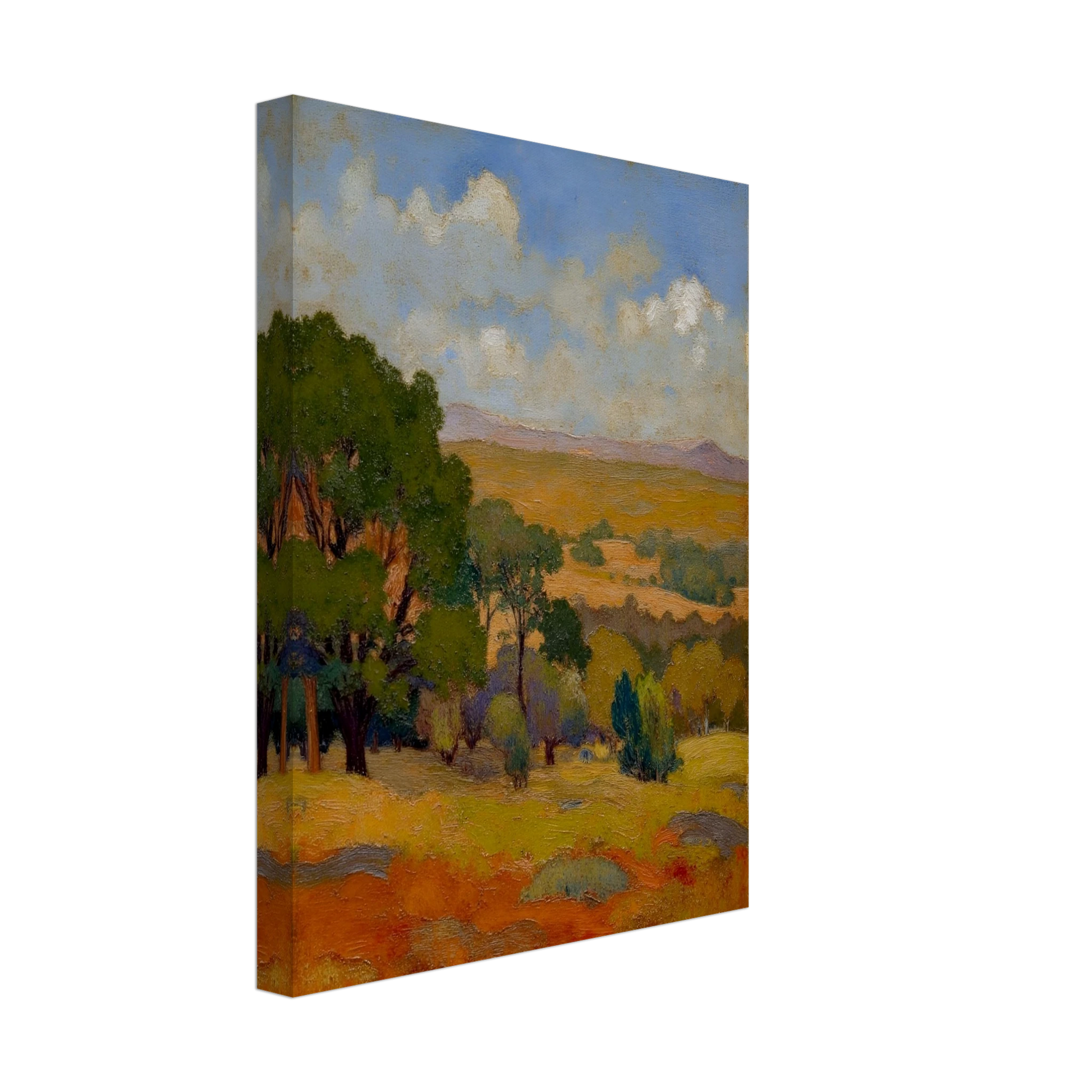 Golden fields and green trees stretch beneath a blue sky with soft clouds and distant hills.
