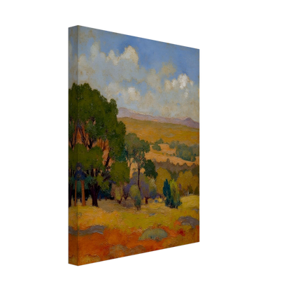 Golden fields and green trees stretch beneath a blue sky with soft clouds and distant hills.