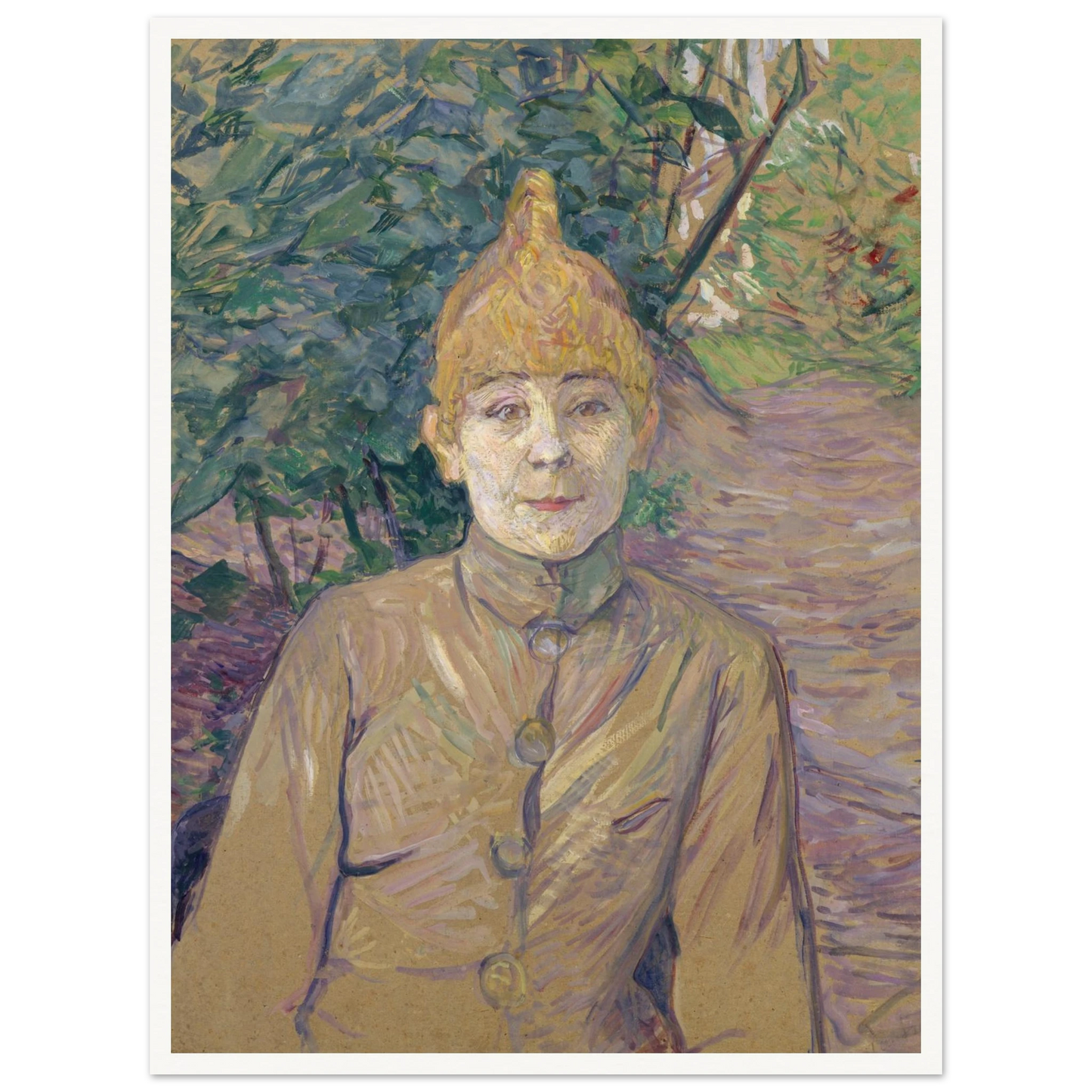 Woman in a garden stands beneath dense green foliage with a path and trees behind her