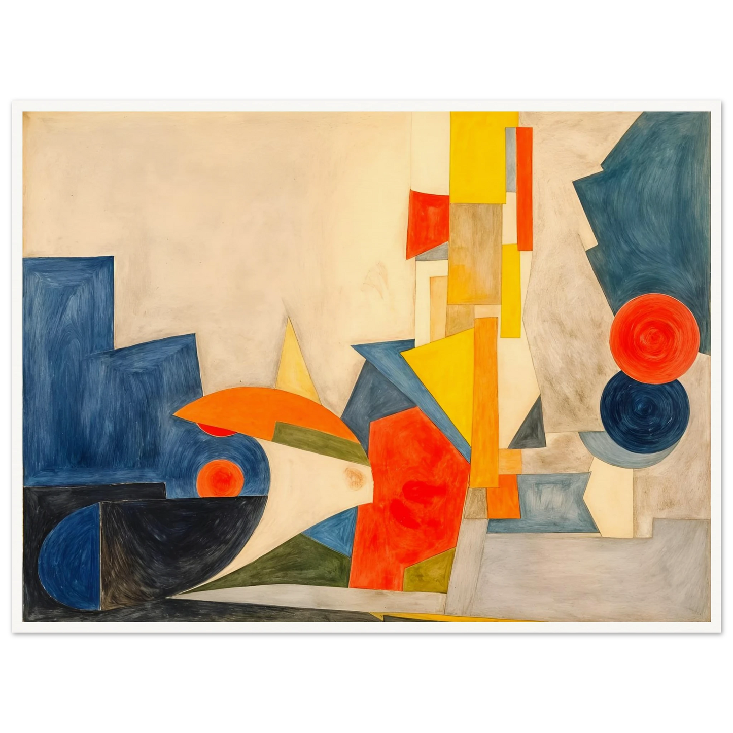 Dynamic geometric forms in blue, orange, and yellow intersect across a cream canvas, suggesting rhythm, motion, and light.