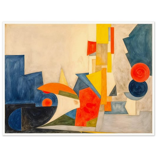 Dynamic geometric forms in blue, orange, and yellow intersect across a cream canvas, suggesting rhythm, motion, and light.