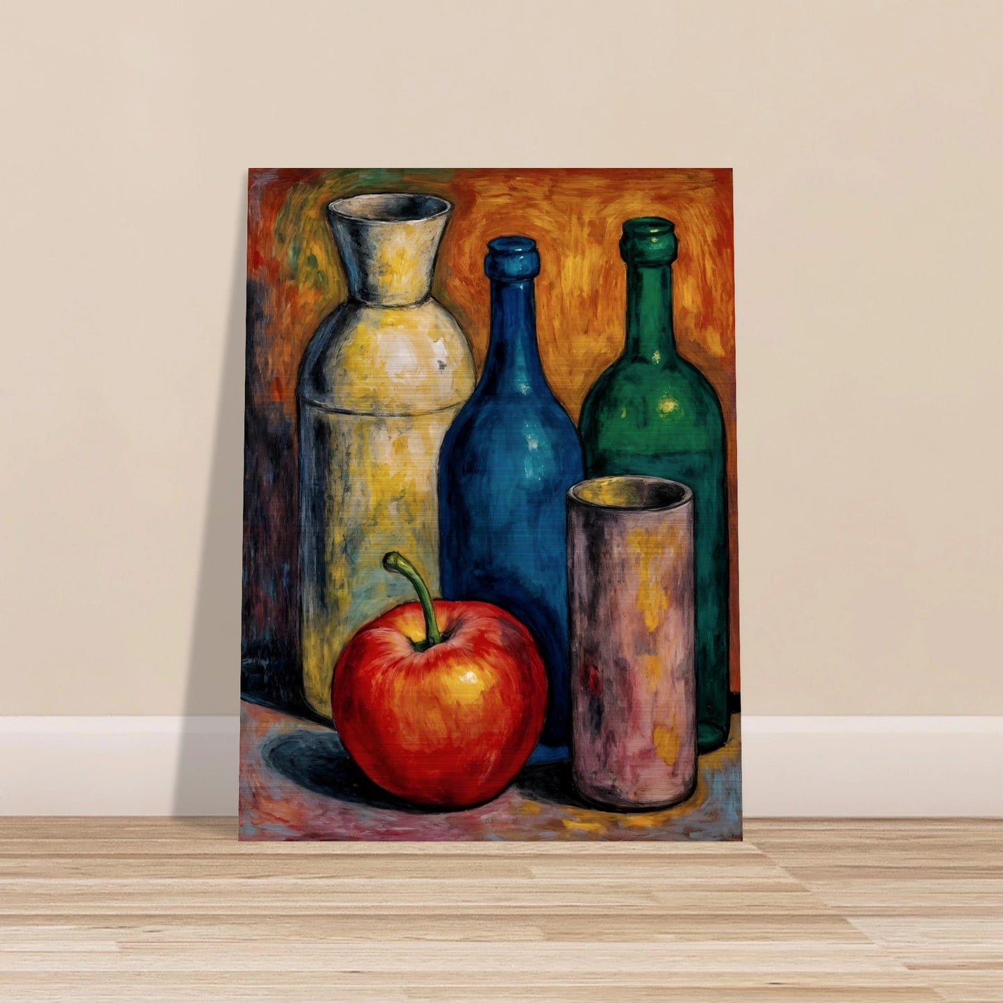 A luminous red apple rests before blue, green, and ivory bottles against a fiery amber backdrop, blending warmth, contrast, and vintage stillness.