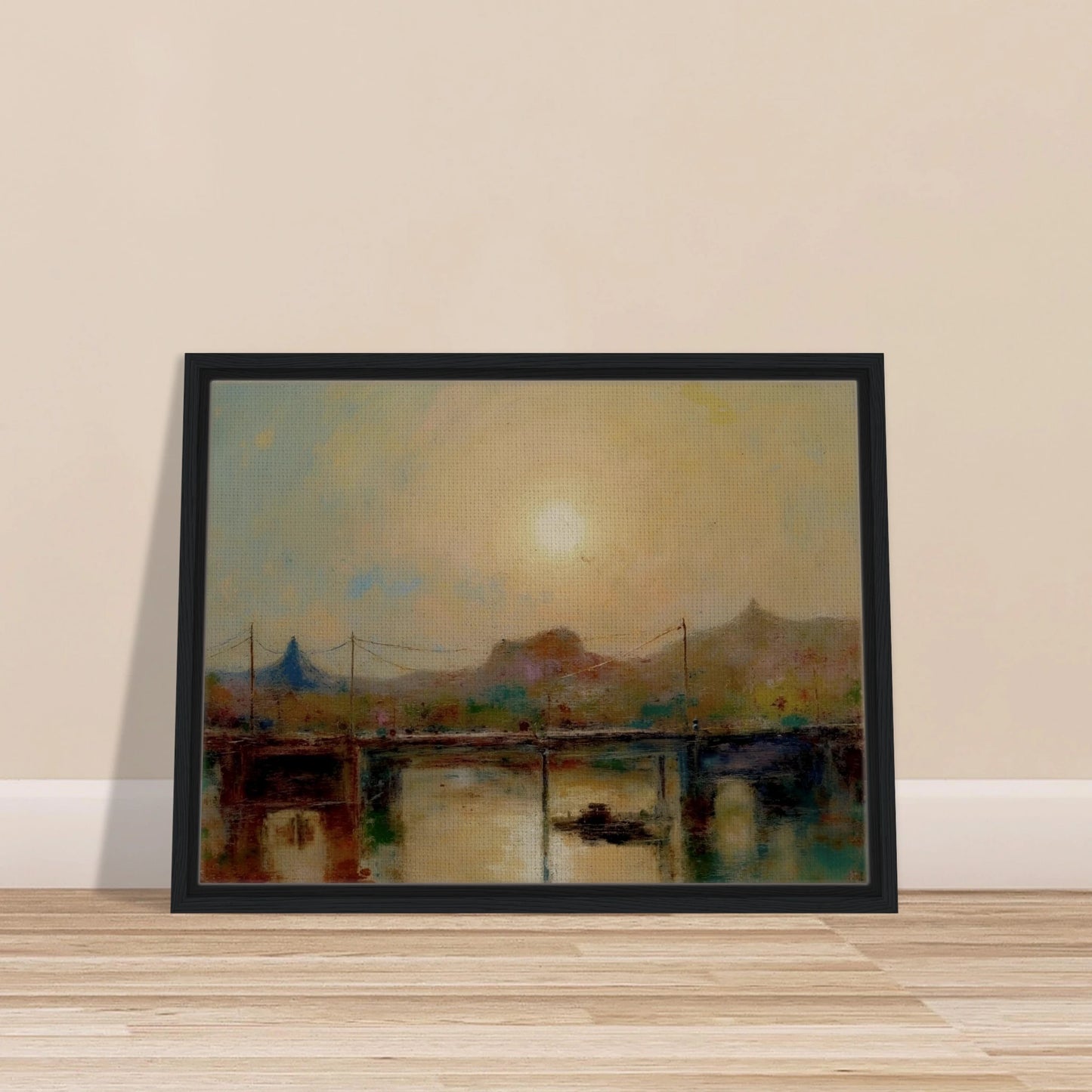 Hazy sunrise over a quiet bridge and river, with distant hills and muted pastel tones reflecting on the water.
