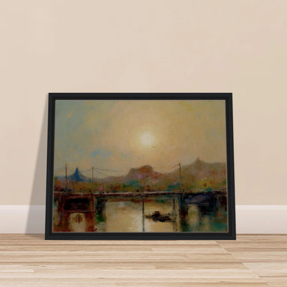 Hazy sunrise over a quiet bridge and river, with distant hills and muted pastel tones reflecting on the water.