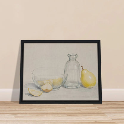 Clear glass bowl with lemon slices, a bottle, and a pear on a light surface in a soft, minimalist still life scene.