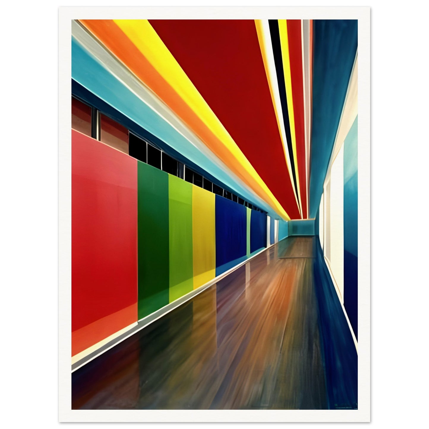 A dynamic corridor with bold, multicolored walls and ceiling, featuring deep reds, blues, yellows, and greens, creating a sense of depth and motion.