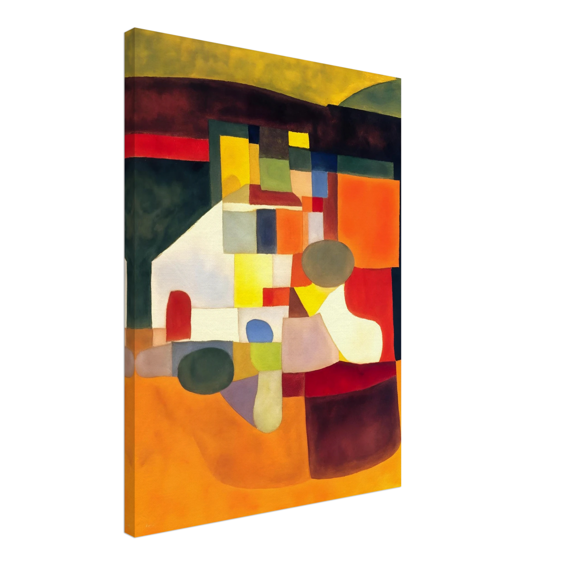A cubist-inspired artwork of bold orange, yellow, and green shapes forming an abstract landscape of color and form.