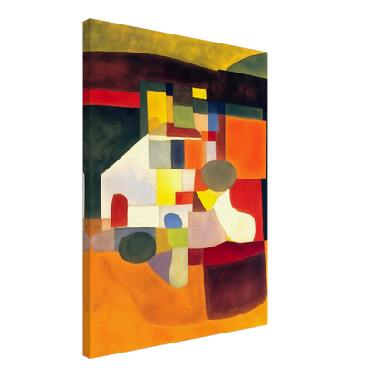 A cubist-inspired artwork of bold orange, yellow, and green shapes forming an abstract landscape of color and form.