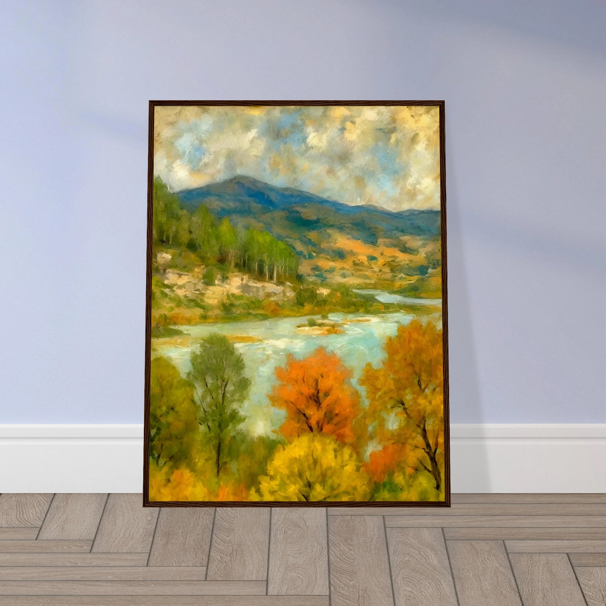 A serene river winds through a lush valley with colorful autumn trees and distant blue-green mountains.