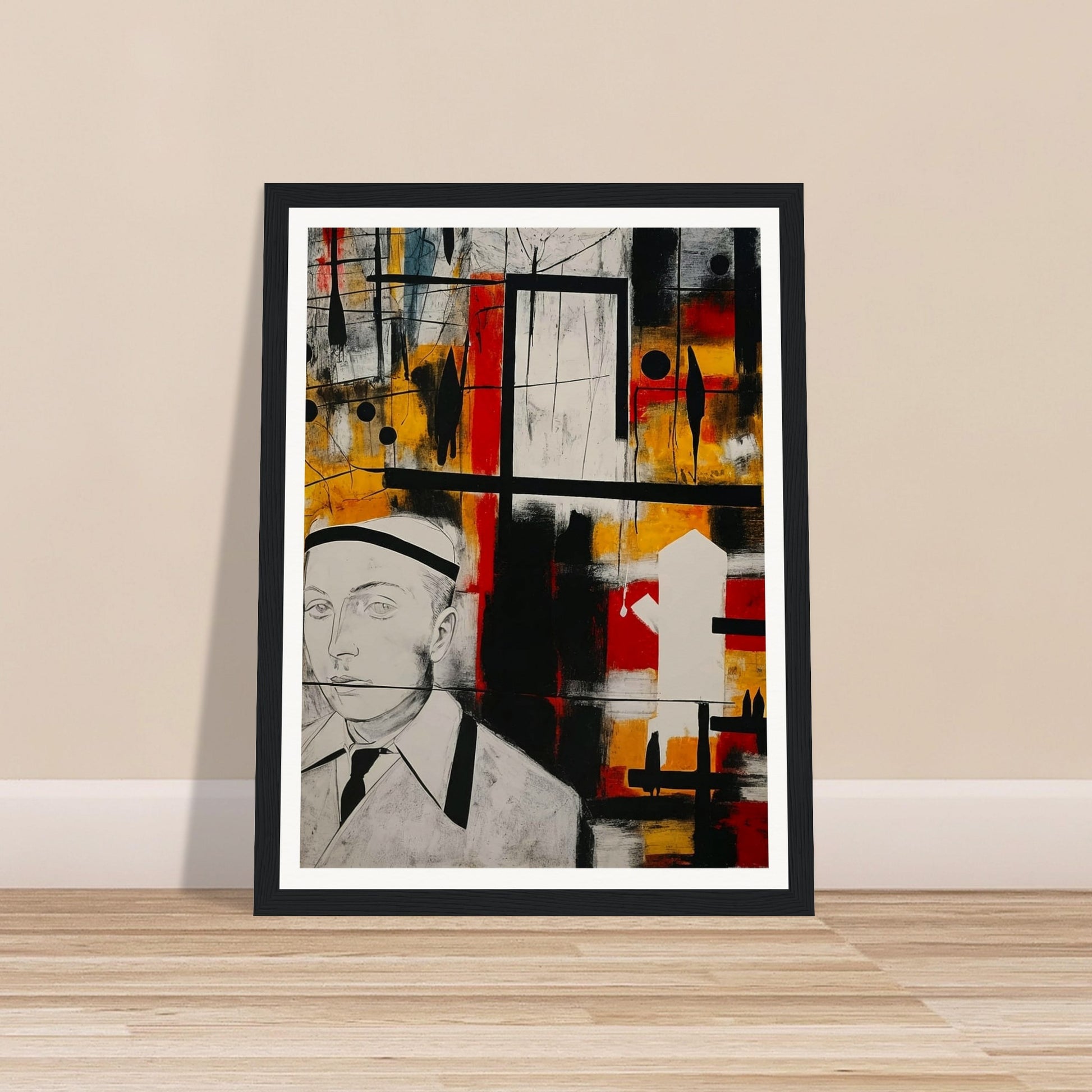 Abstract artwork featuring a man in a suit and hat against a vibrant background with geometric shapes and bold colors.