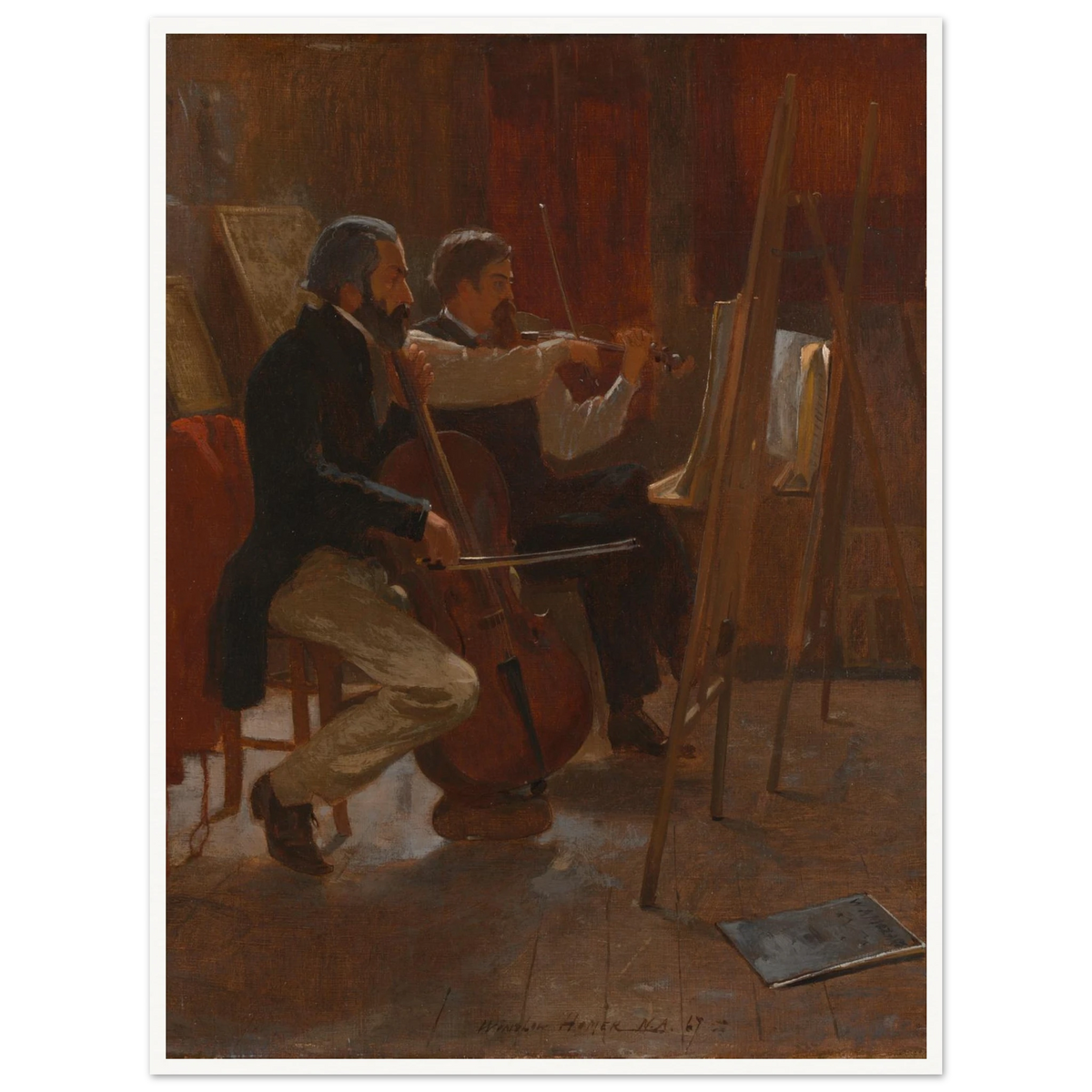 Two musicians play cello and violin in a warm artist studio, using easels as music stands.