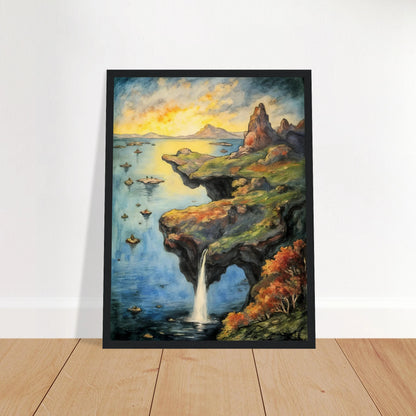A dreamlike coastal cliff spills into tranquil blue waters beneath a glowing sky, with rocky peaks and autumn trees.