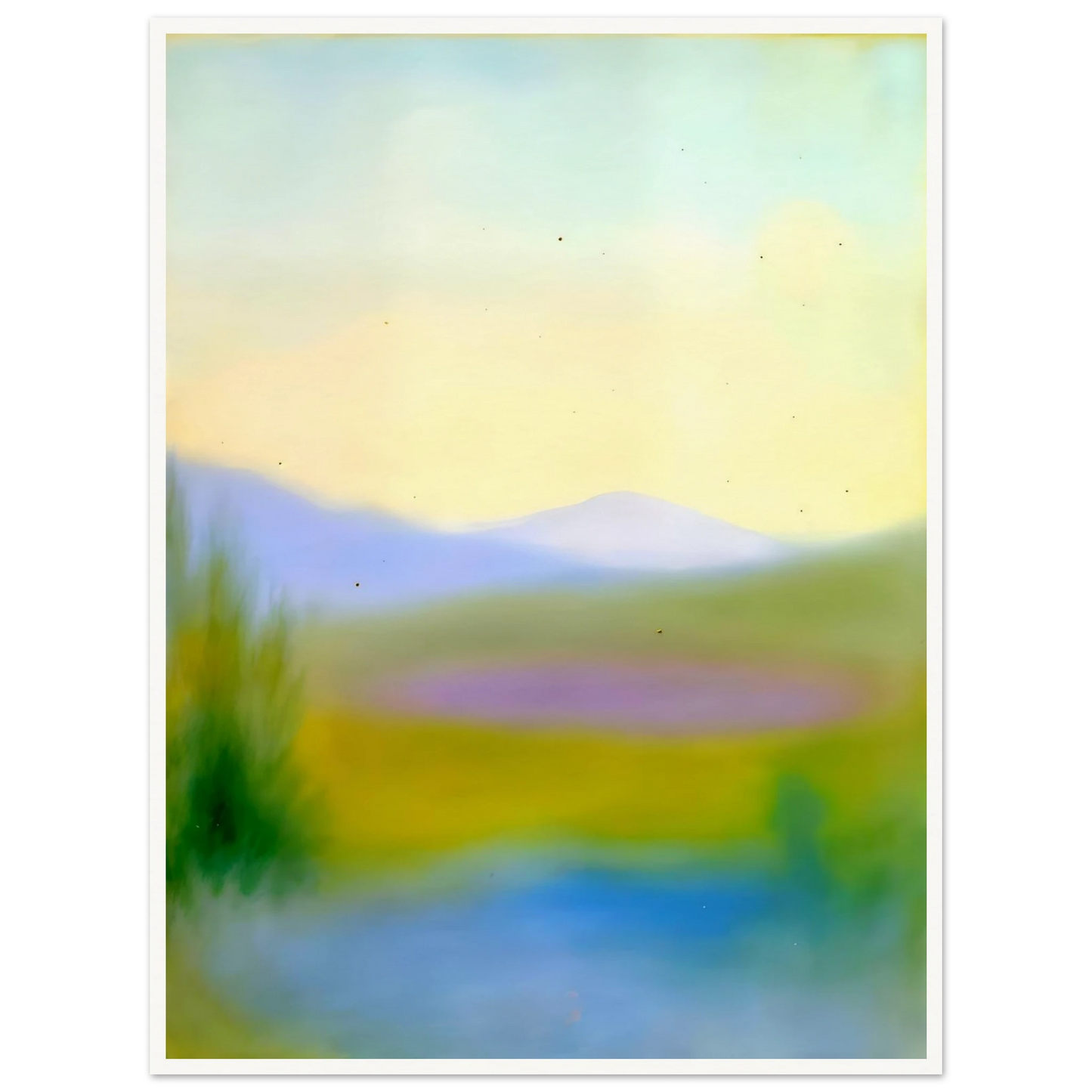Dreamlike hills, blue waters, and lavender fields glow beneath a pale sky in a tranquil countryside scene.