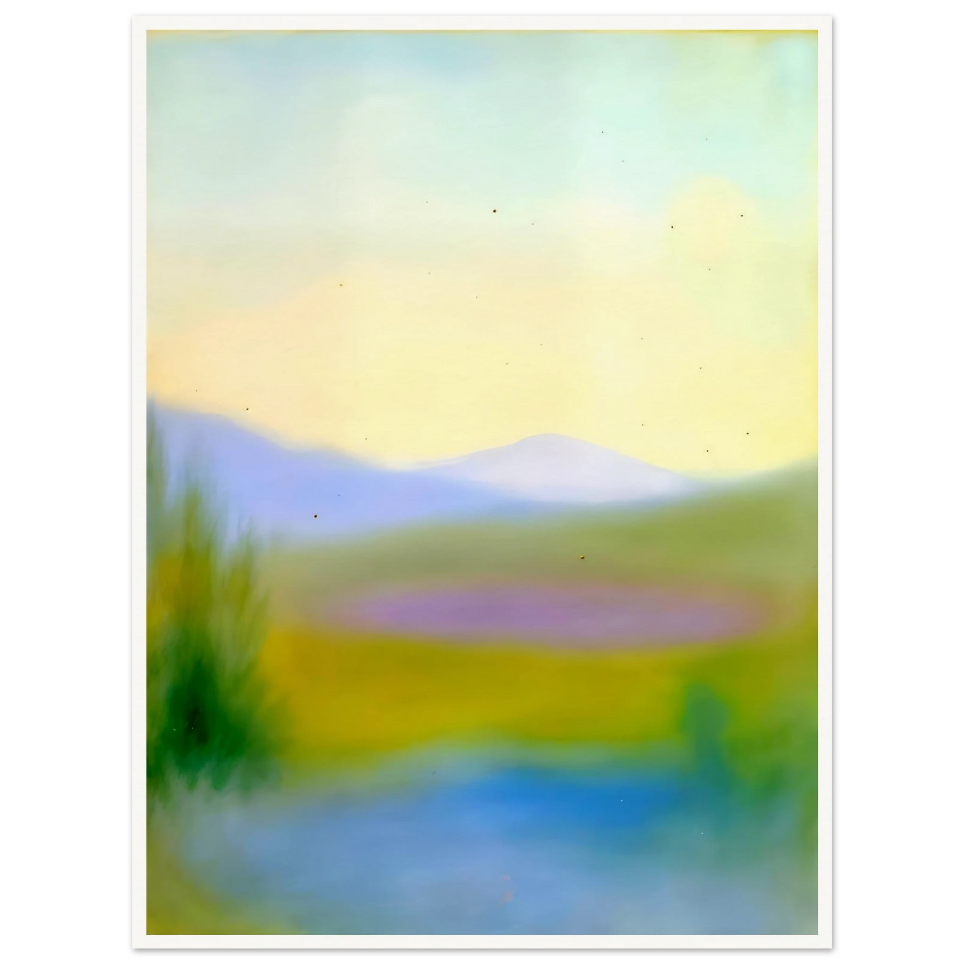 Dreamlike hills, blue waters, and lavender fields glow beneath a pale sky in a tranquil countryside scene.