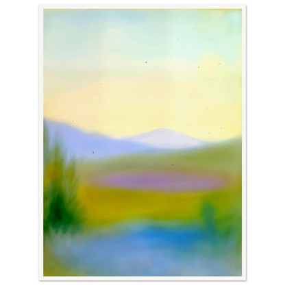 Dreamlike hills, blue waters, and lavender fields glow beneath a pale sky in a tranquil countryside scene.