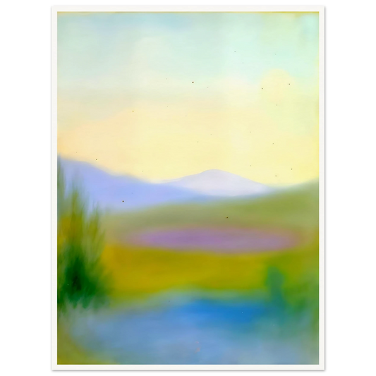 Dreamlike hills, blue waters, and lavender fields glow beneath a pale sky in a tranquil countryside scene.