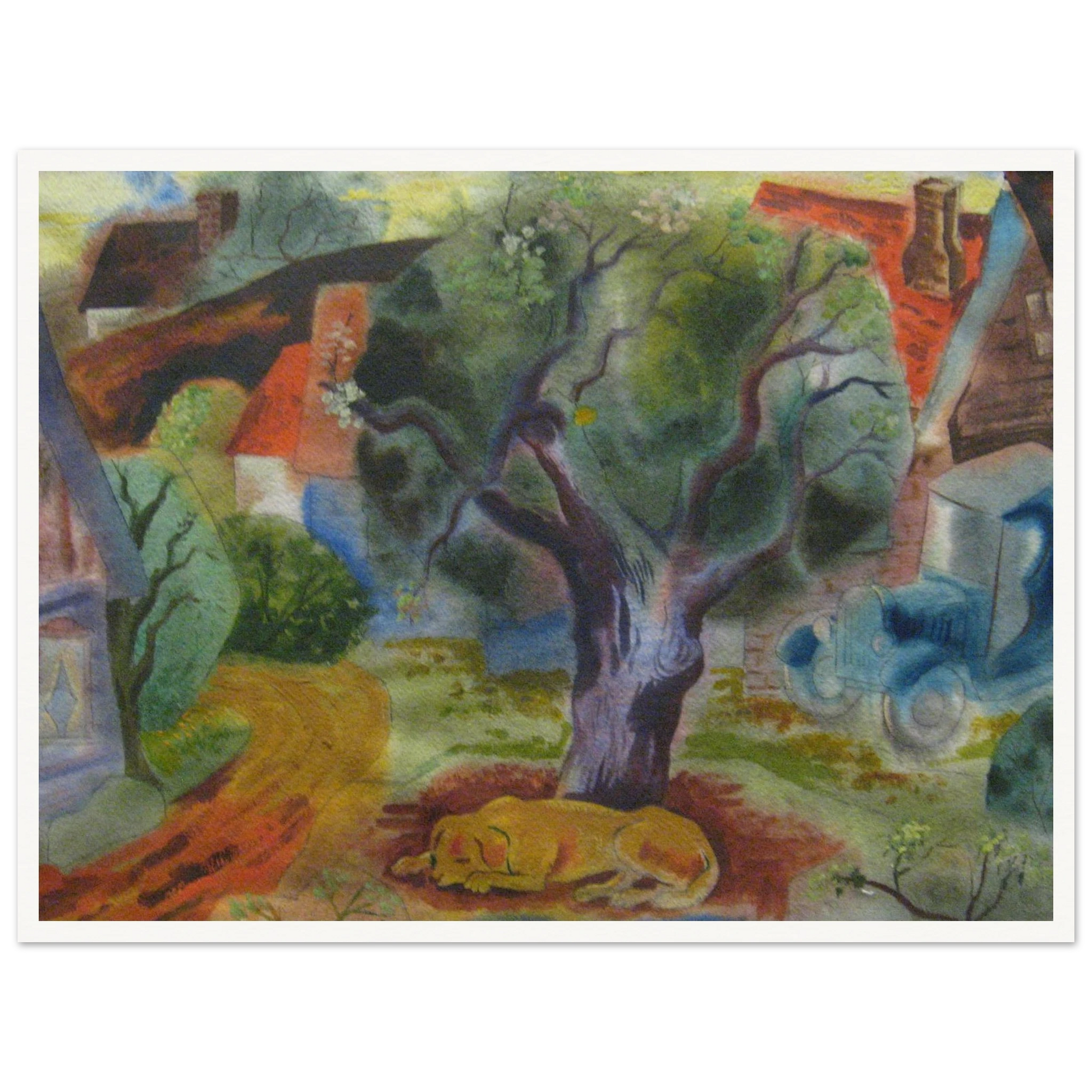 A yellow dog sleeps beneath a twisting tree beside village houses, a winding road, and a blue vintage car.