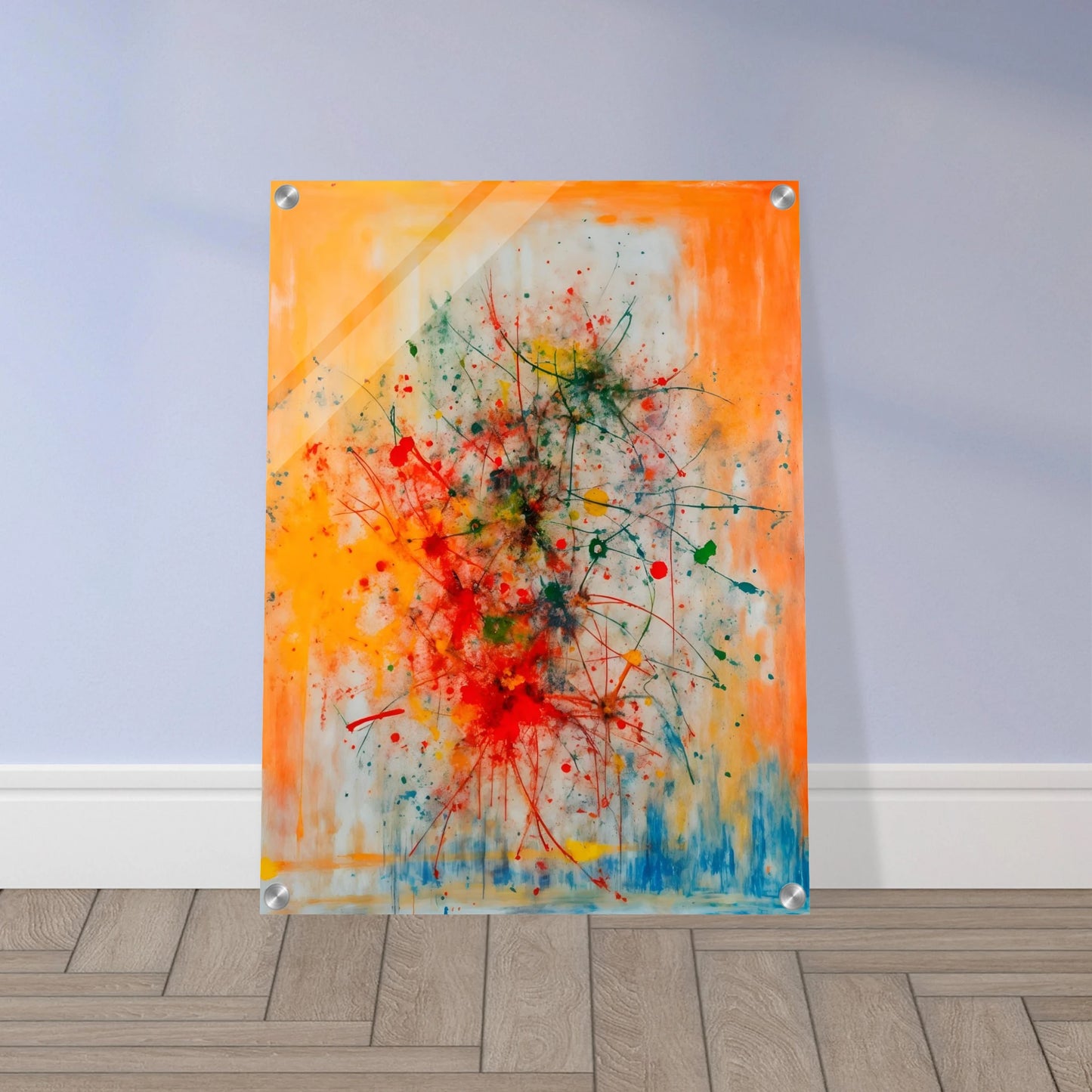 Vivid splashes of red, yellow, blue, and green burst across an orange canvas, evoking movement, chaos, and creative energy.