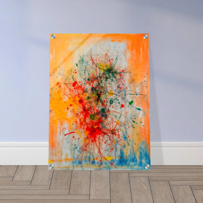 Vivid splashes of red, yellow, blue, and green burst across an orange canvas, evoking movement, chaos, and creative energy.