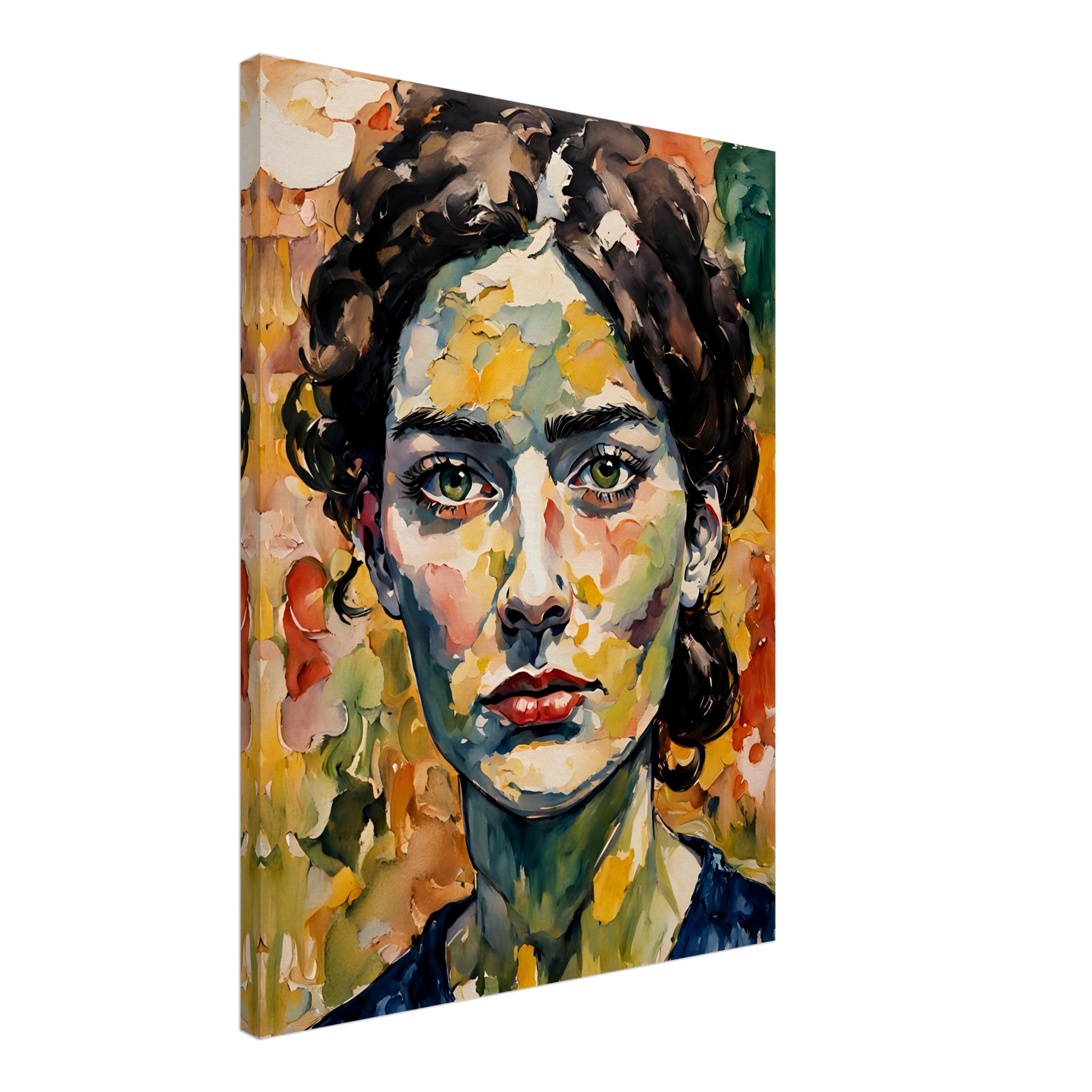 A vibrant portrait of a woman with deep green eyes, expressive red lips, and a textured face blending warm autumn hues in bold brushstrokes.