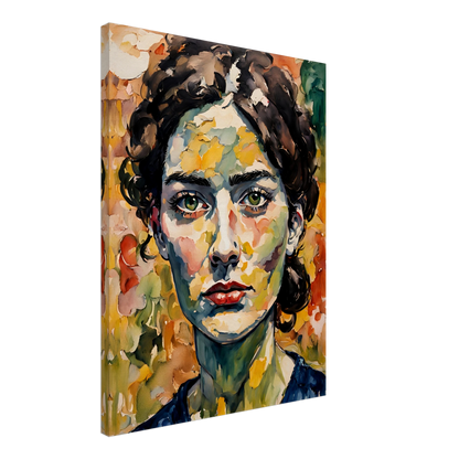 A vibrant portrait of a woman with deep green eyes, expressive red lips, and a textured face blending warm autumn hues in bold brushstrokes.