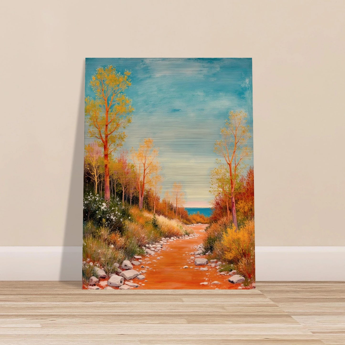 A vivid autumn trail lined with golden trees leads to a calm blue horizon, blending warmth, peace, and gentle adventure.