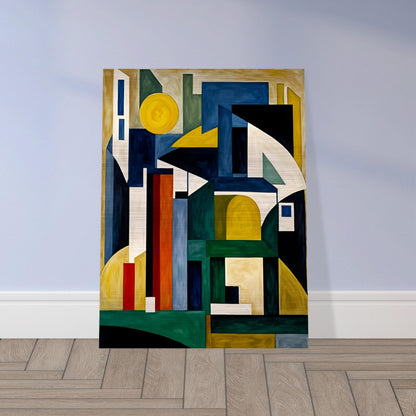 A bold geometric painting with angular shapes in deep greens, blues, yellows, and whites, resembling an abstract cityscape or architectural forms.