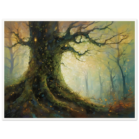 Enchanted forest scene featuring a massive, ancient tree with mossy roots and glowing golden lights against a hazy woodland backdrop.